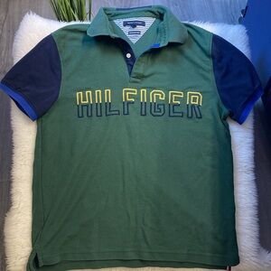 VINTAGE Tommy Hilfiger Logo Colorblock Polo Shirt Green Blue Yellow Retro Sz L